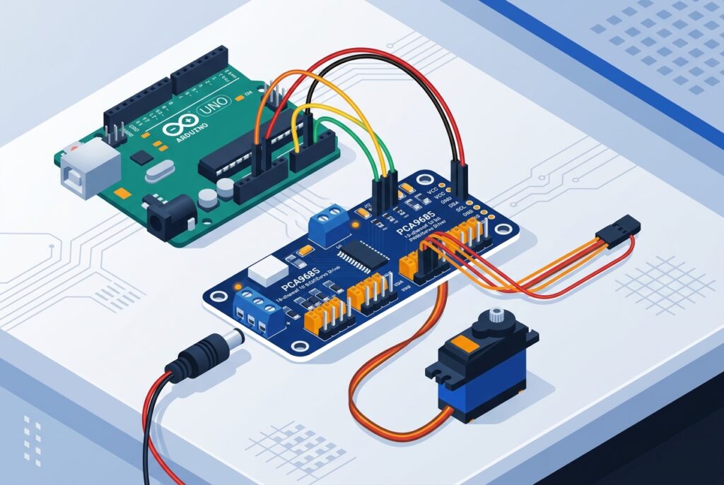 ArduinoとPCA9685サーボ制御基板をI2Cで配線した様子