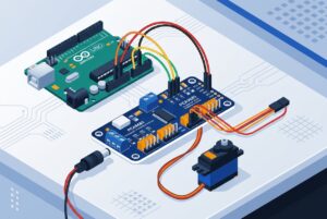 ArduinoとPCA9685サーボ制御基板をI2Cで配線した様子